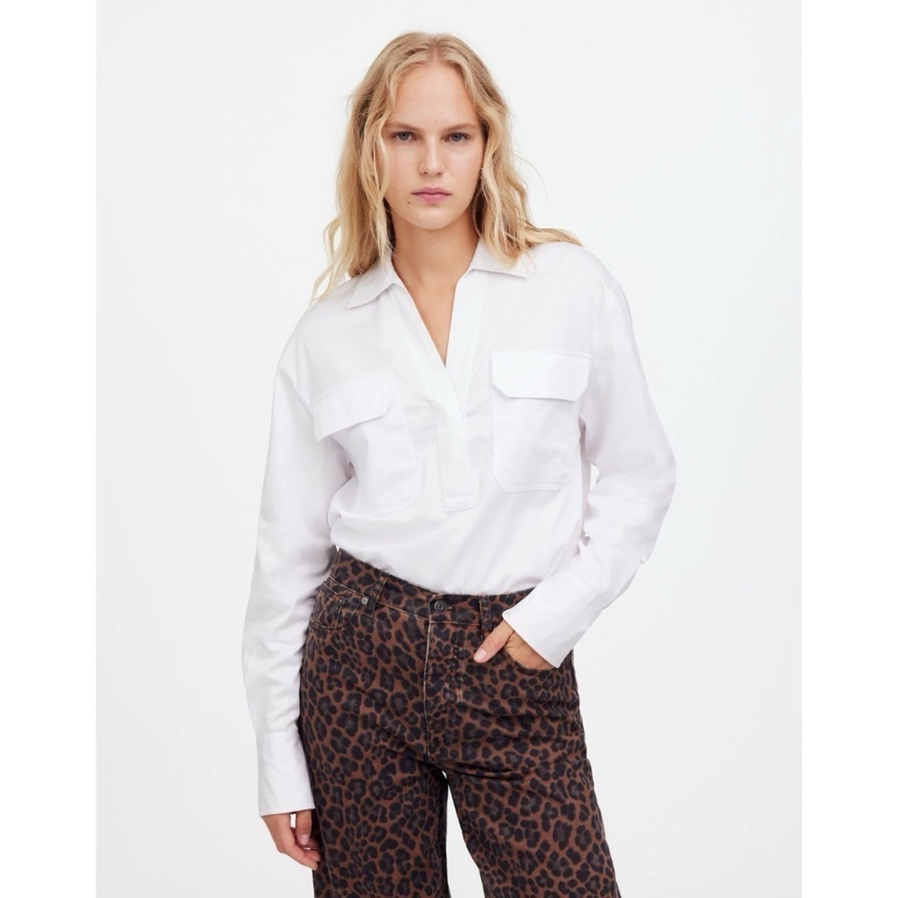 Madewell Top Utility Long-Sleeve Popover Shirt Pockets White S NWT New